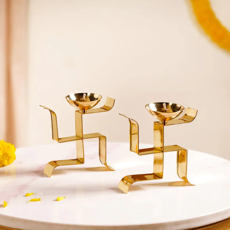 Swastik Oil Lamp Votive Set Of 2 Small Gold